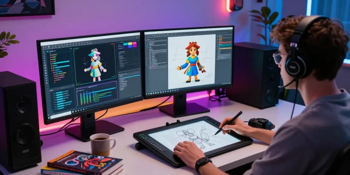 Exploring ai nsfw art creation in a vibrant digital studio with dual monitors.