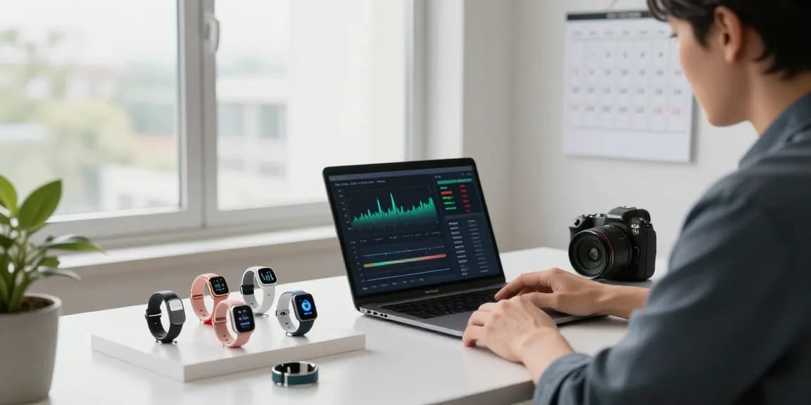 Researching smart ring technology trends in a modern workspace with wearable devices on display.