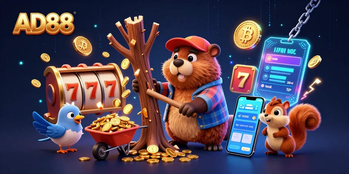 Experience thrilling gaming moments with AD88's cartoon-themed illustration showcasing vibrant casino elements.