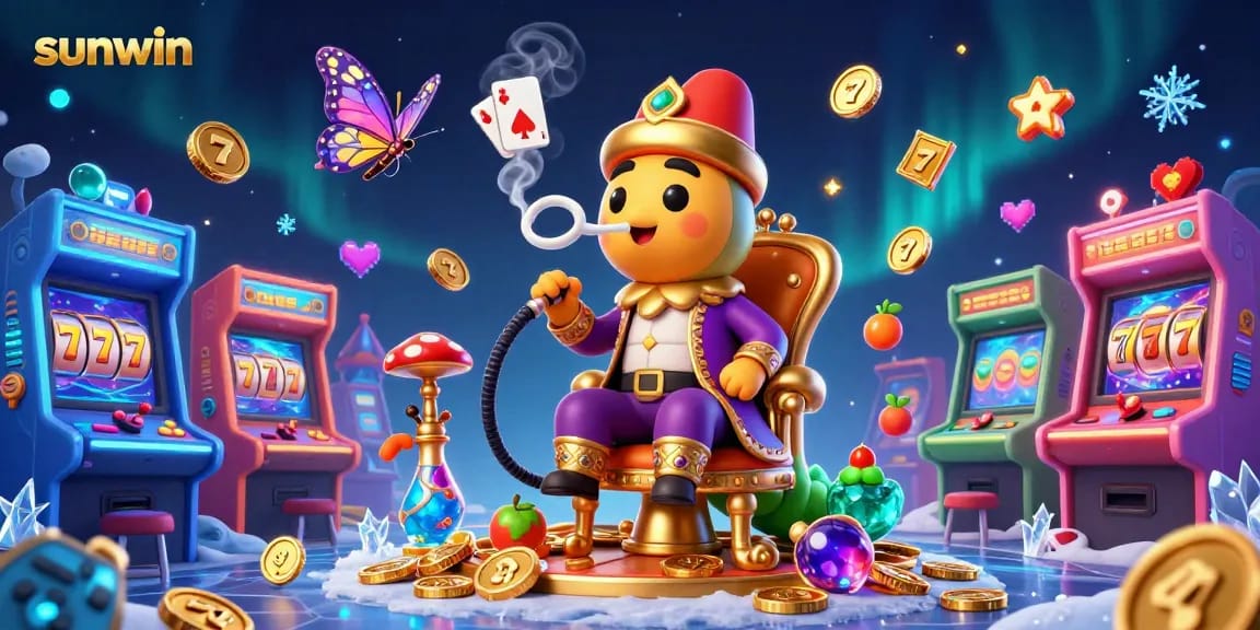 Experience thrilling slots at sunwin with a vibrant 3D illustration of a caterpillar hookah-master in a casino.
