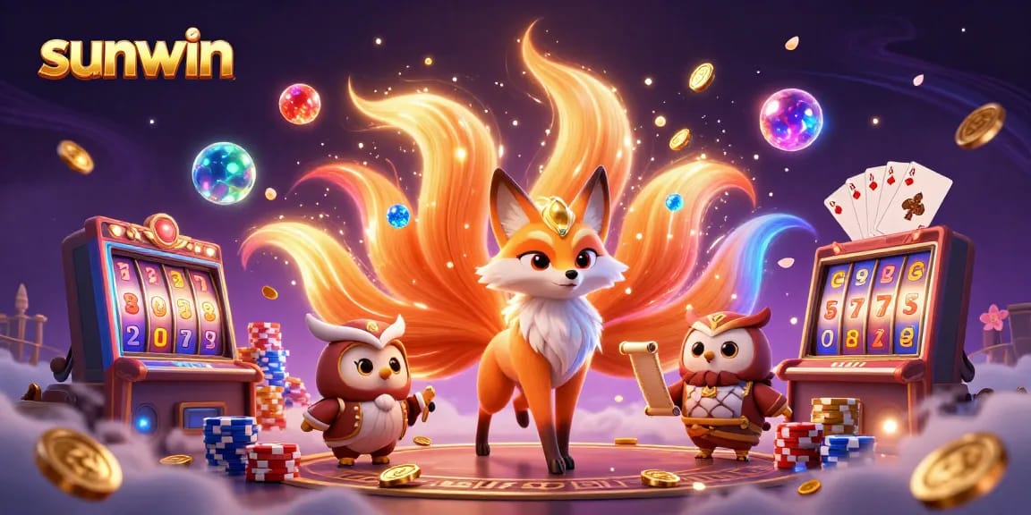 Experience the vibrant world of sunwin with a 3D fox spirit, owl sage, and dynamic casino elements.