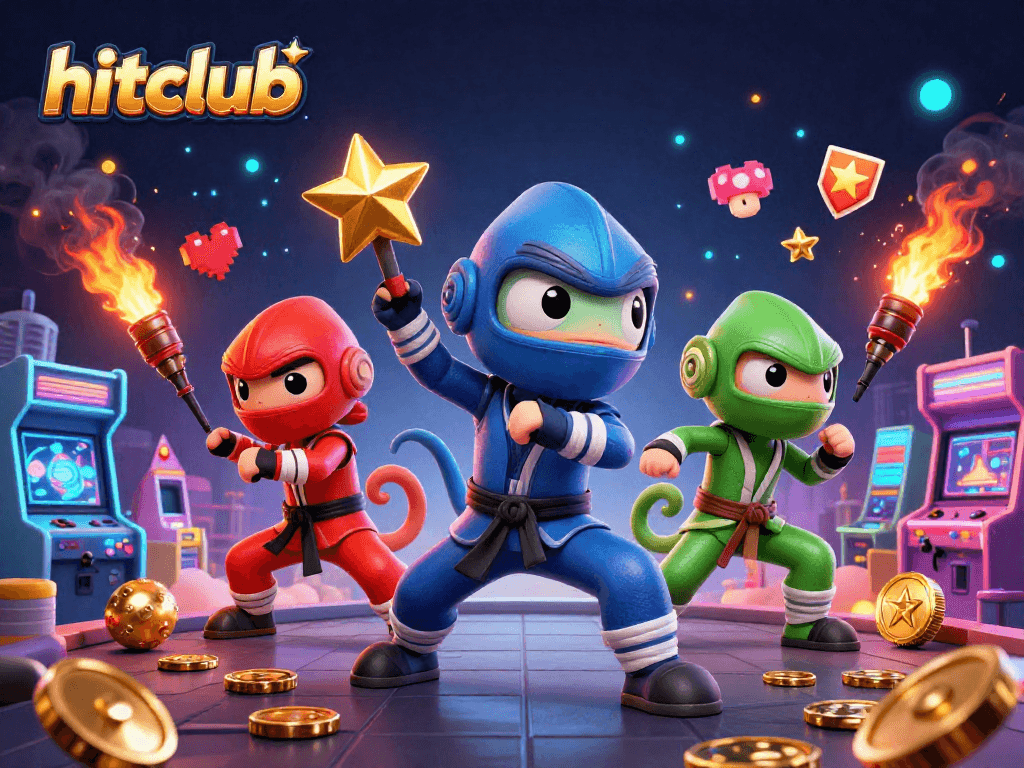 Hitclub showcases ninja chameleons engaging in casino-themed action with vibrant game elements.