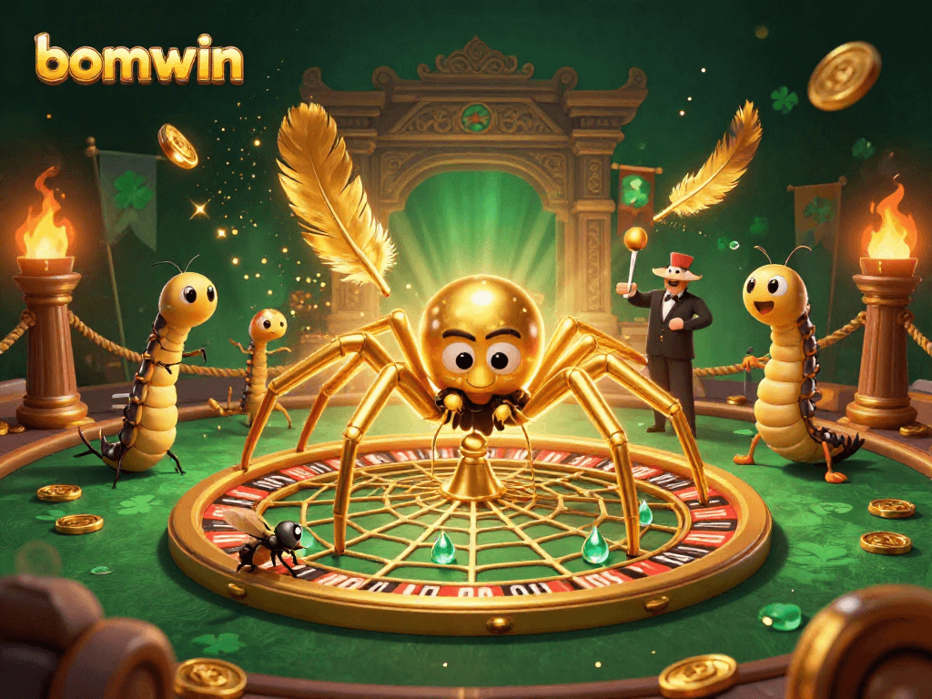 Place bets at bomwin's roulette wheel with a golden spider and centipede croupier.