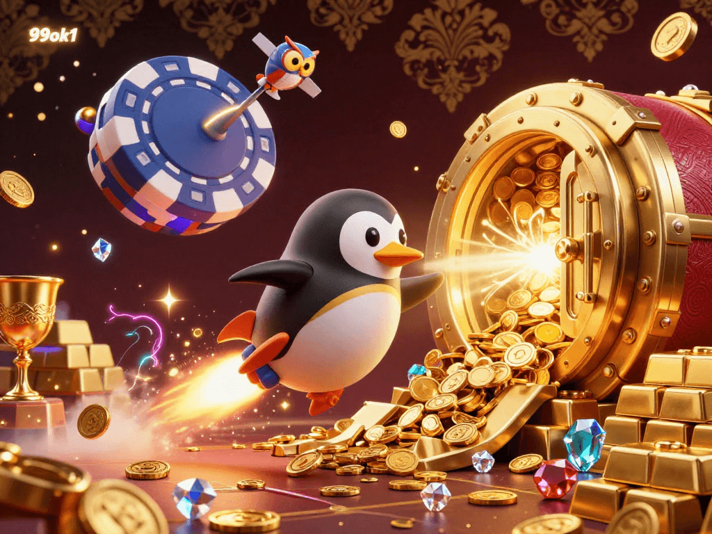 Blast off with the 99ok1 penguin in a vibrant casino adventure filled with treasures.