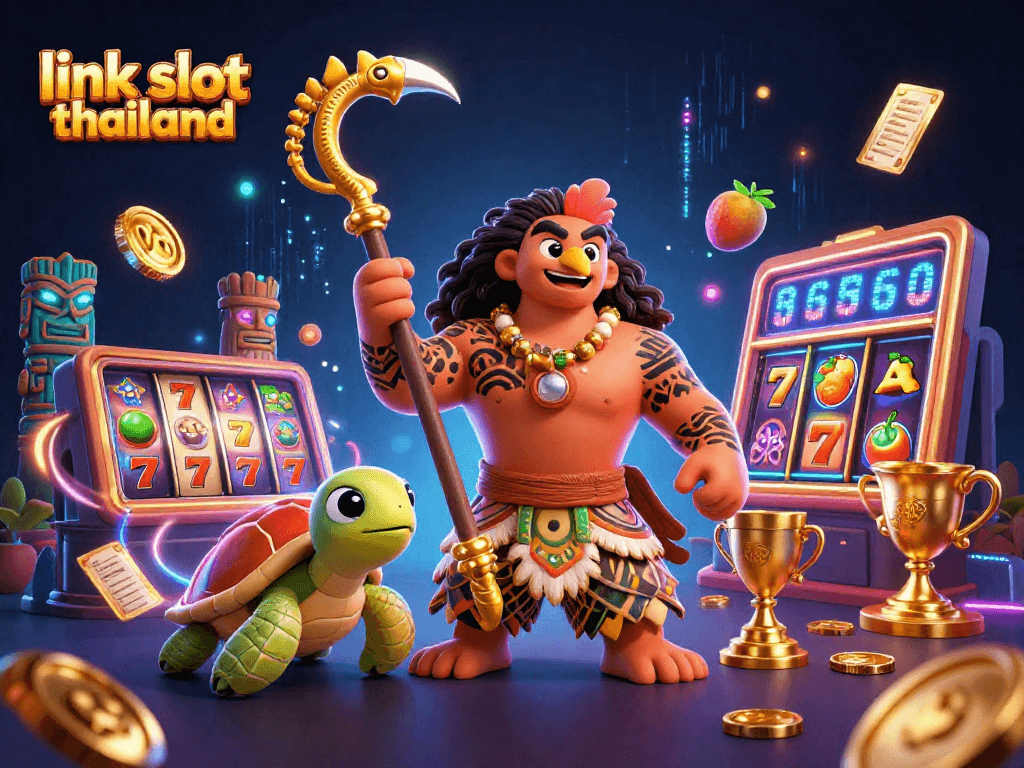 Experience the excitement of slot gaming at link slot thailand with dynamic characters and symbols in a vivid scene.