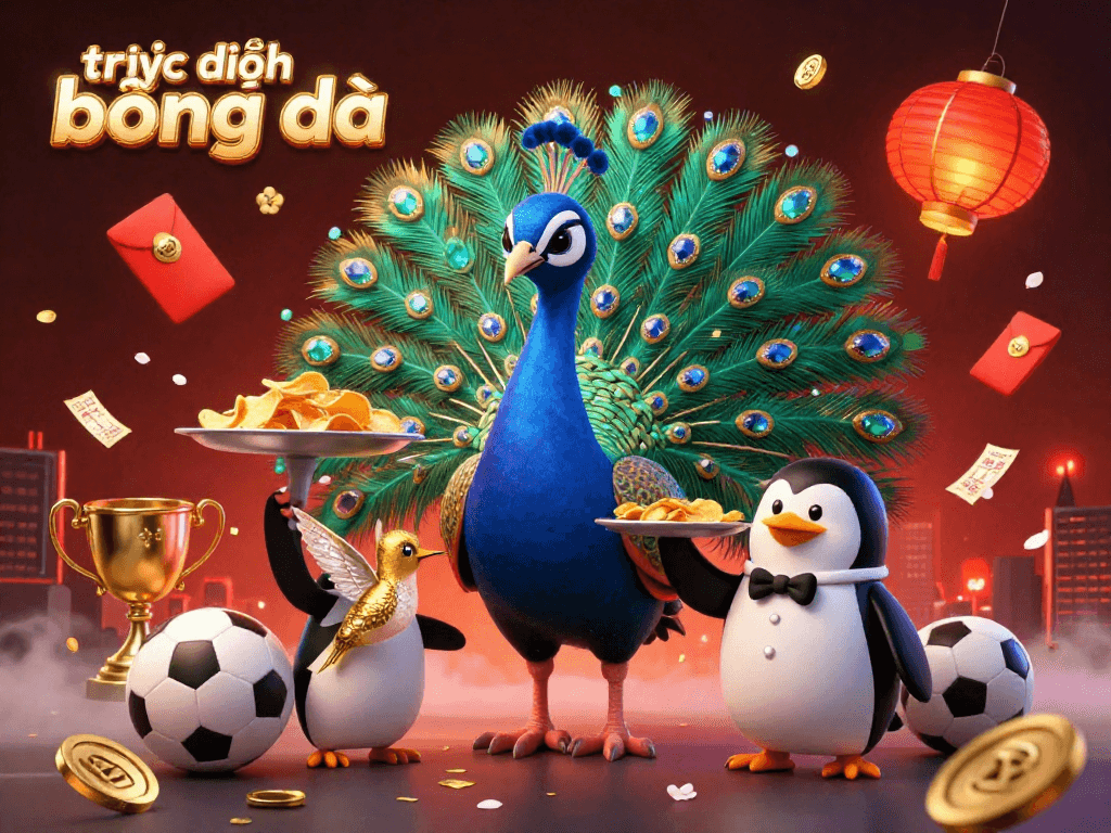 Experience trực tiếp bóng đá with elegant peacock, penguin butler serving golden chips, and dynamic sports elements.