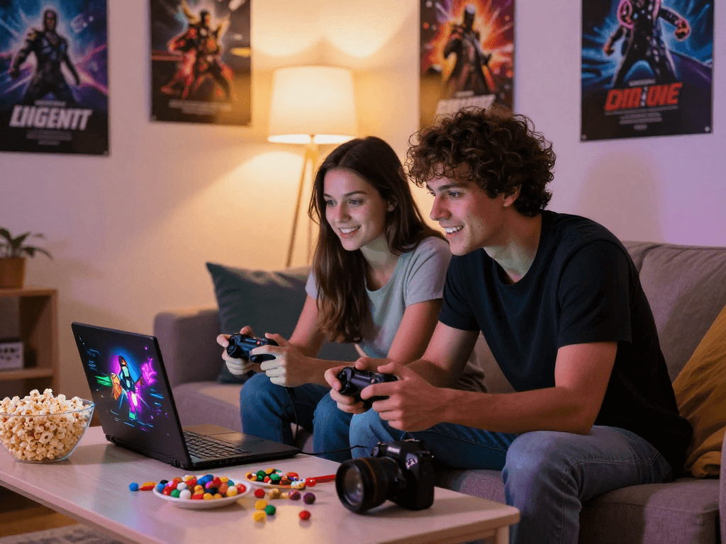 Couple enjoying engaging sex games on a laptop in a cozy living room