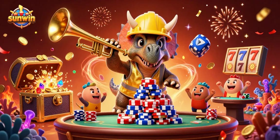 Sunwin casino excitement with a cartoon triceratops building poker chip pyramids amidst celebratory gaming elements.