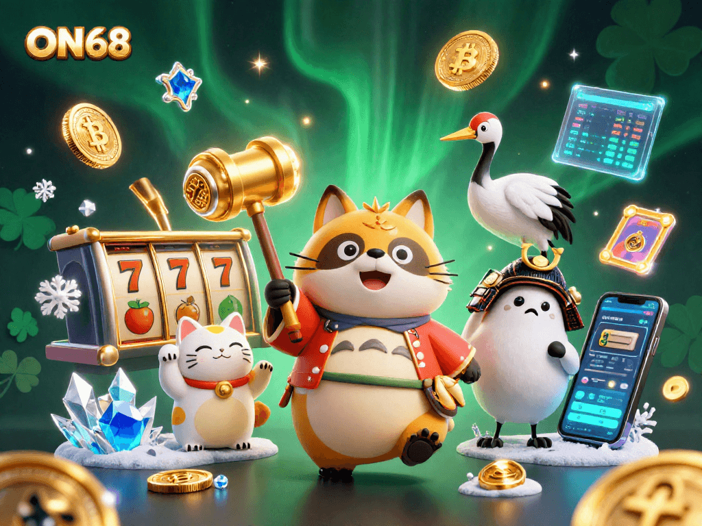 Engage with ON68's dynamic slots environment featuring colorful characters and jackpot excitement.
