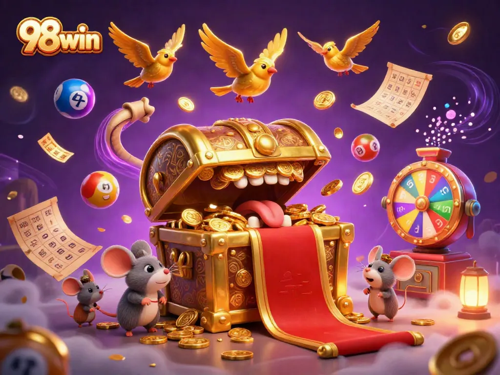Engage with 98win's casino thrills through a vibrant 3D illustration showcasing games and prizes.
