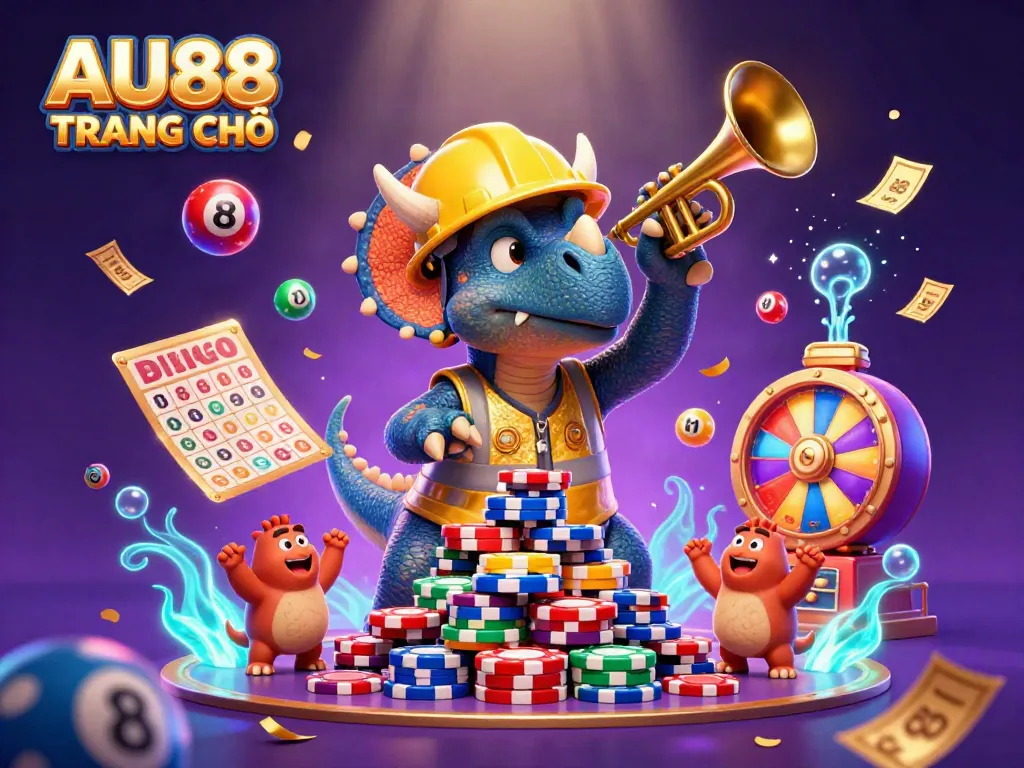 Celebrate with AU88 TRANG CHỦ as triceratops and friends build a triumphant poker chip pyramid.