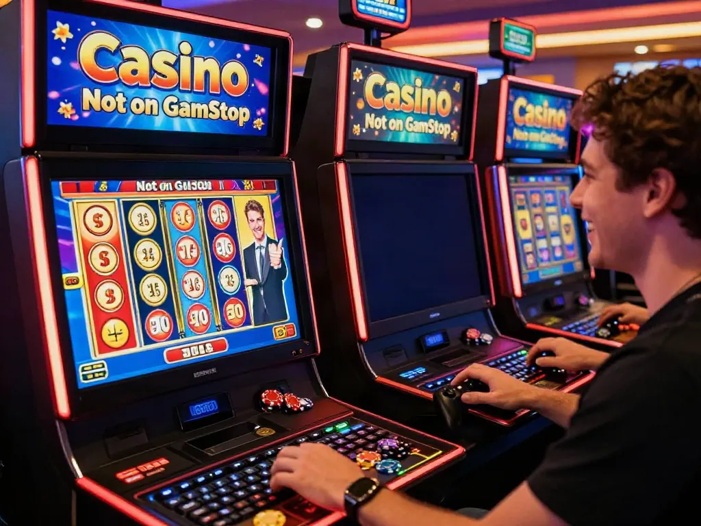 Exciting online gaming experience with 'Casino Not on GamStop' displayed on screen, highlighting a joyful player.