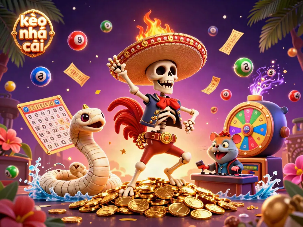 Bet on kèo nhà cái with a vibrant 3D scene featuring dynamic characters and gambling elements.
