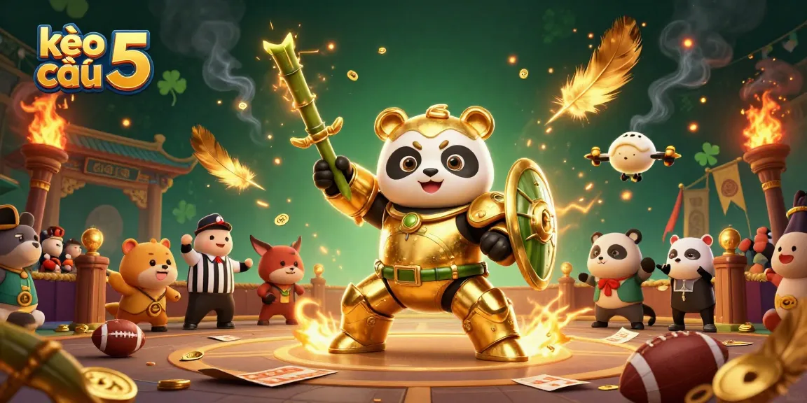 Bet on kèo nhà cái 5 with dynamic 3D illustration of a golden panda and sports elements.