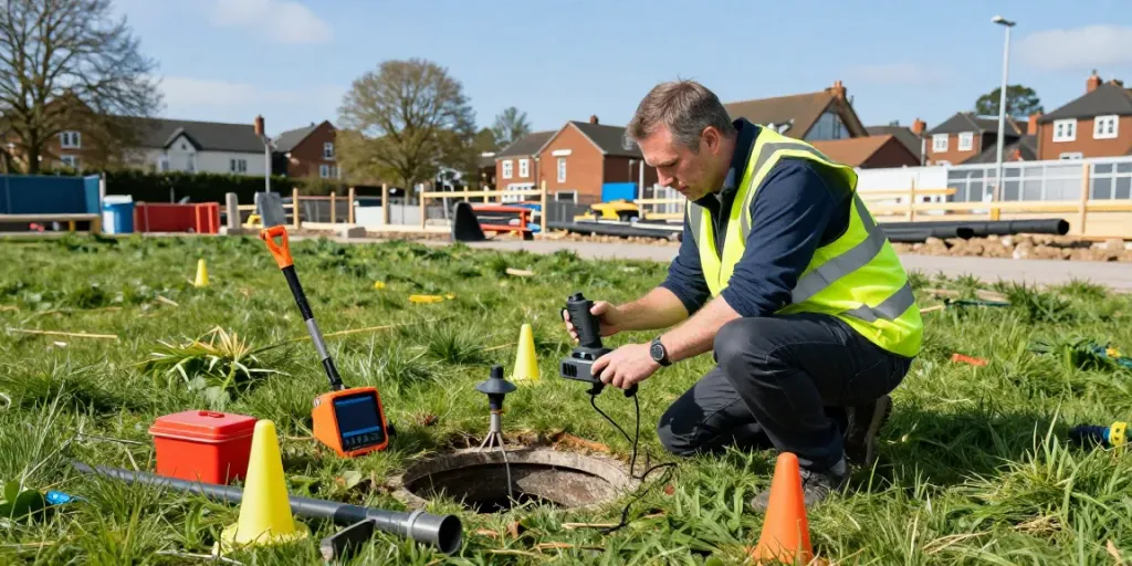 Utility Survey Surrey - Surveyor using ground penetrating radar equipment to inspect underground utilities in Surrey.