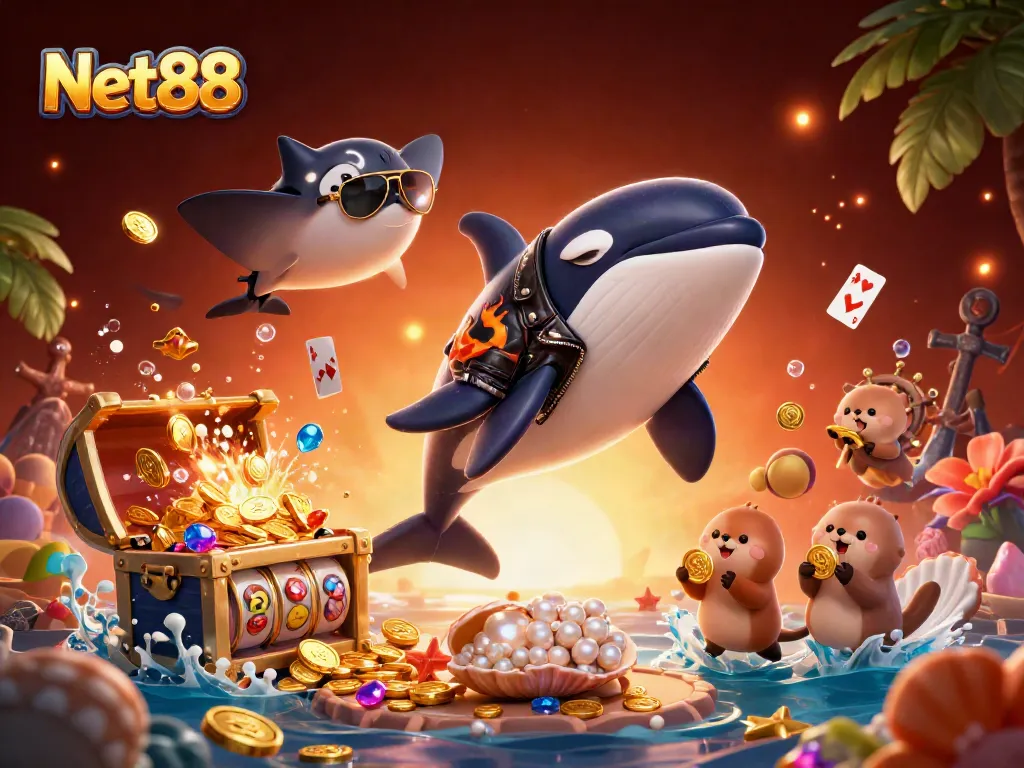 Experience excitement with Net88 as sea creatures embrace a vibrant casino atmosphere.