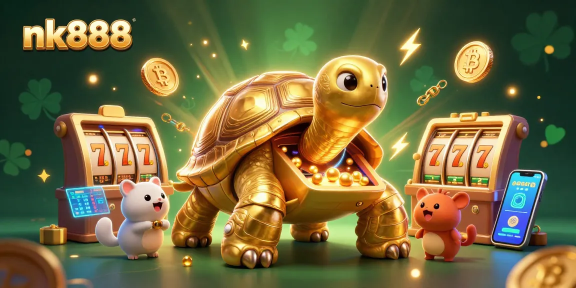 Experience the excitement of nk888 casino with this dynamic scene featuring a golden tortoise pinball machine surrounded by animated crypto elements.