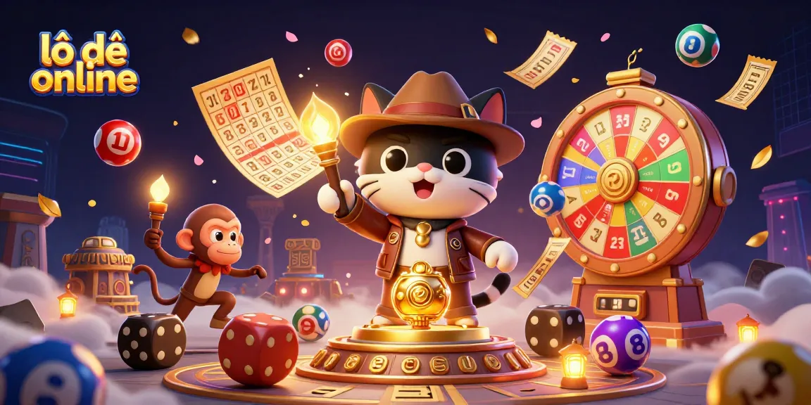 Engage in lô đề online with a thrilling adventure featuring an explorer and monkey amidst colorful lottery elements.