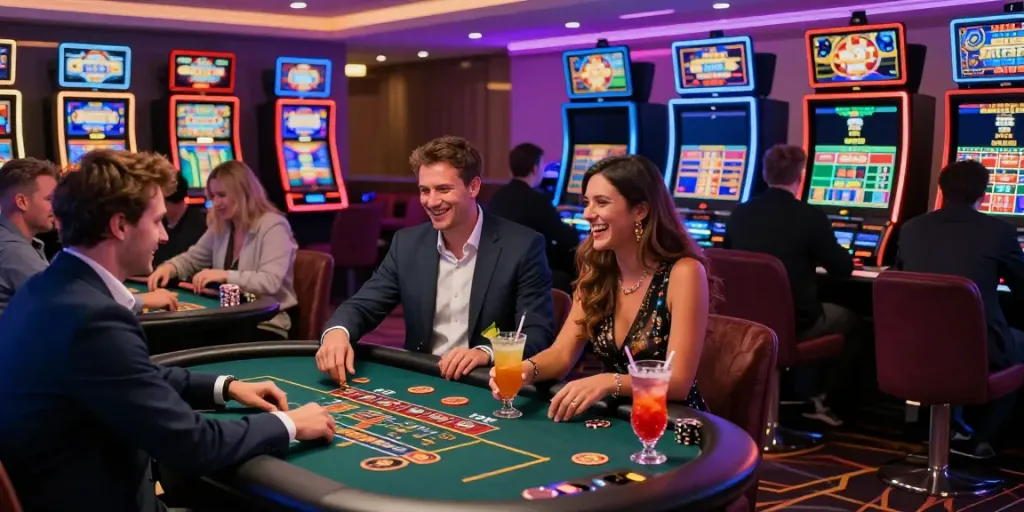 Engaged players at a casino not on Gamstop enjoying various games in a vibrant, lively atmosphere.