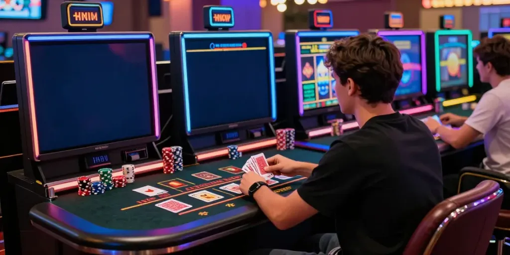 Player enjoying a lively casino not on gamstop experience with colorful screens and gaming props.