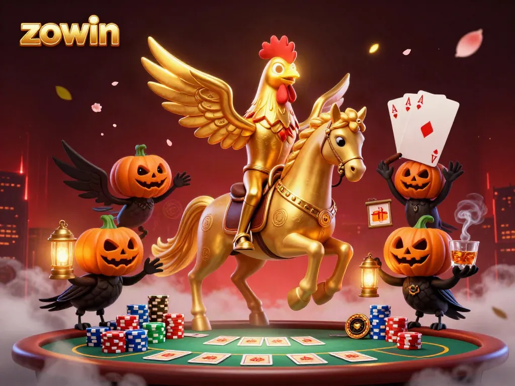 Zowin's enchanting casino scene with a golden rooster and spectral horse, capturing vibrant game action.