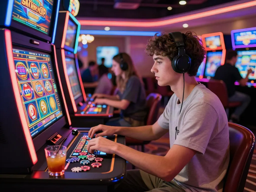 Engaging scene of a young adult enjoying games at a casino not on GamStop, surrounded by vibrant lights and fellow players.