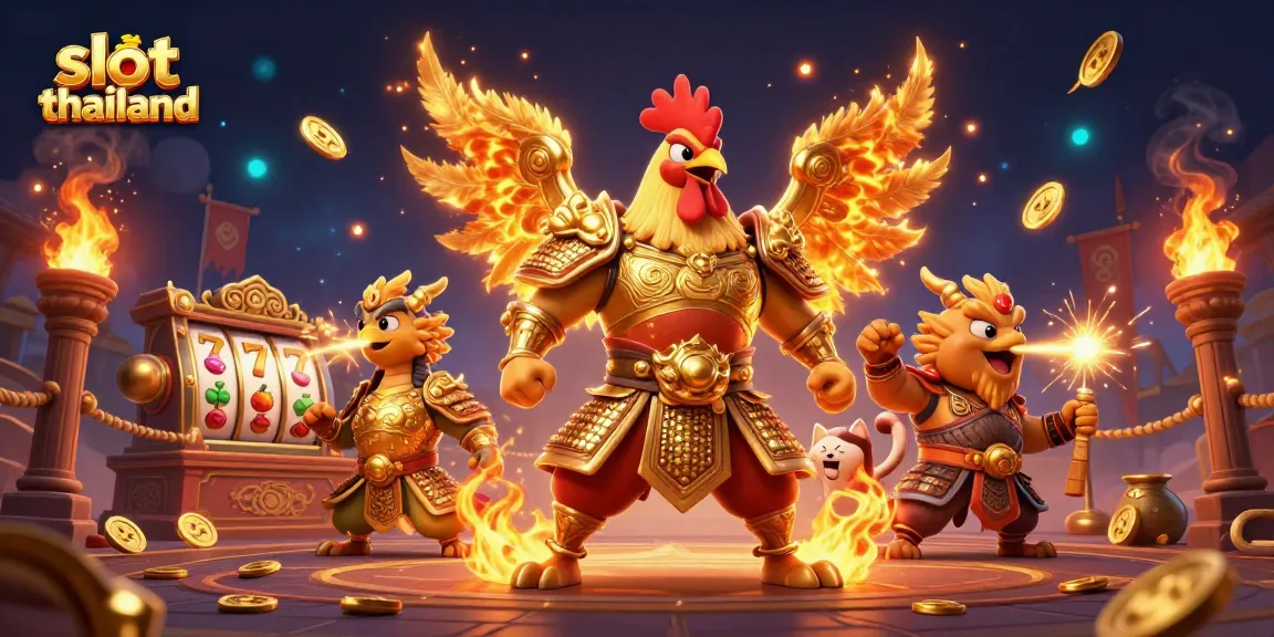 Spin to win on slot thailand with a captivating 3D scene of a fighting rooster and dragon.