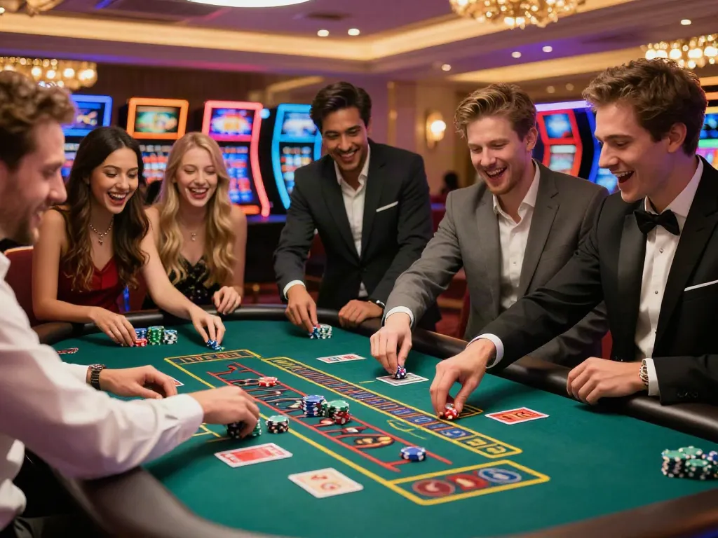 Exciting casino atmosphere showcasing friends playing roulette at casinos not on Gamstop.