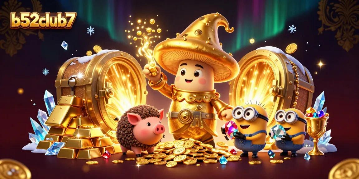 Spin to win at b52club7, featuring a magical scene with golden treasures and vibrant gems.