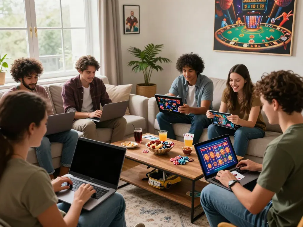 Friends enjoying gaming at home, showcasing casino not on gamstop excitement.