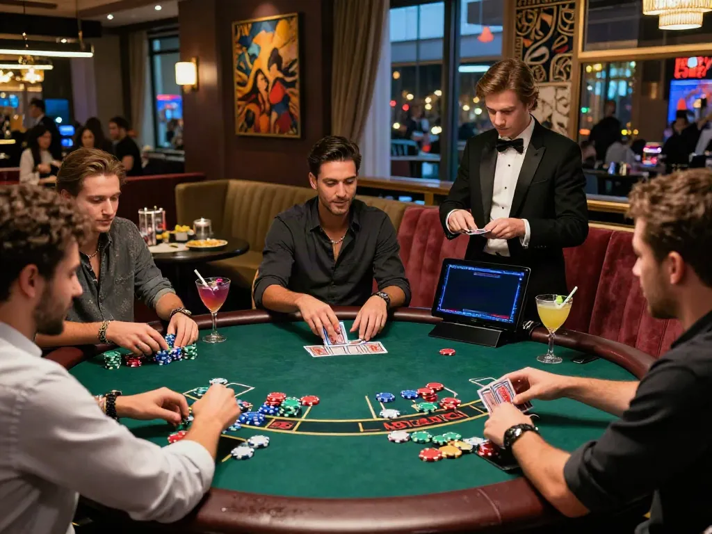 Exciting gaming scene at a casino not on Gamstop with friends at a blackjack table.