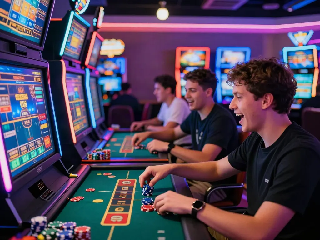 Player enjoying a game at a casino not on GamStop, illuminated by neon lights and vibrant atmosphere.