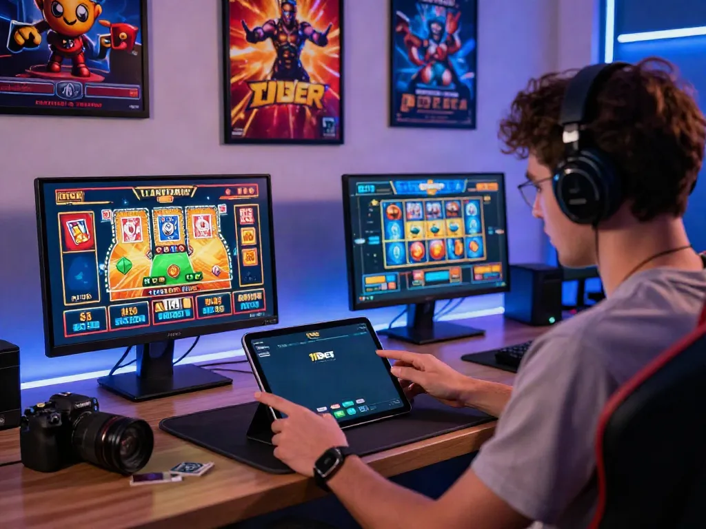 Engaging scene of a user exploring the 11bet-app.net platform on a tablet surrounded by a vibrant gaming setup.