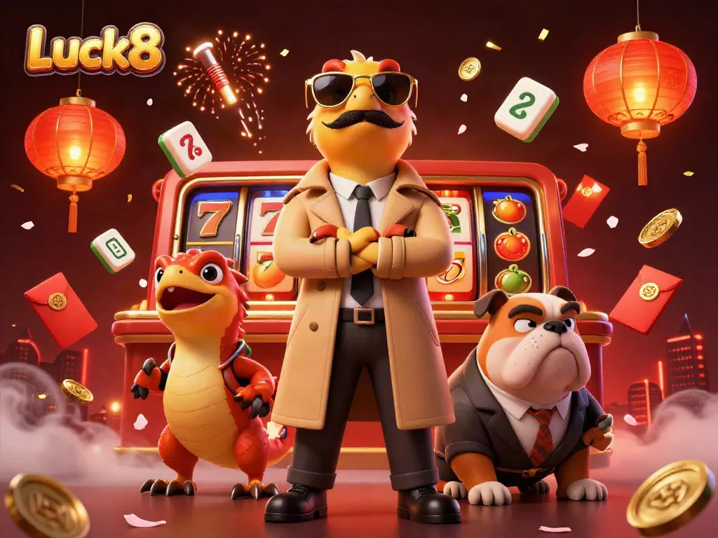 Experience Luck8 excitement at a VIP casino lounge with raptors under disguise and vibrant gaming elements.