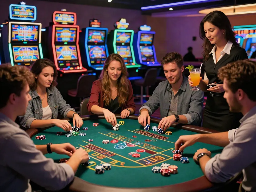Group of friends enjoying table games at a casino not on Gamstop, vibrant atmosphere and colorful details.
