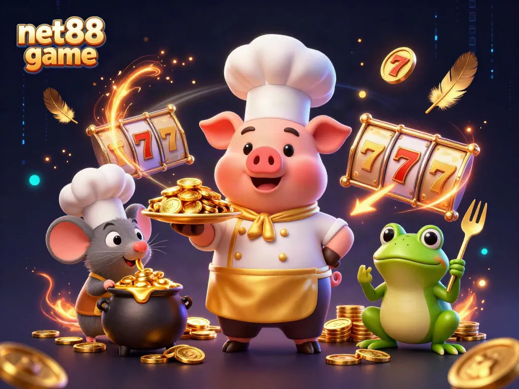 Experience the thrill of the net88 game with a unique 3D cartoon scene featuring a chef pig, sous-chef mouse, and food critic frog.