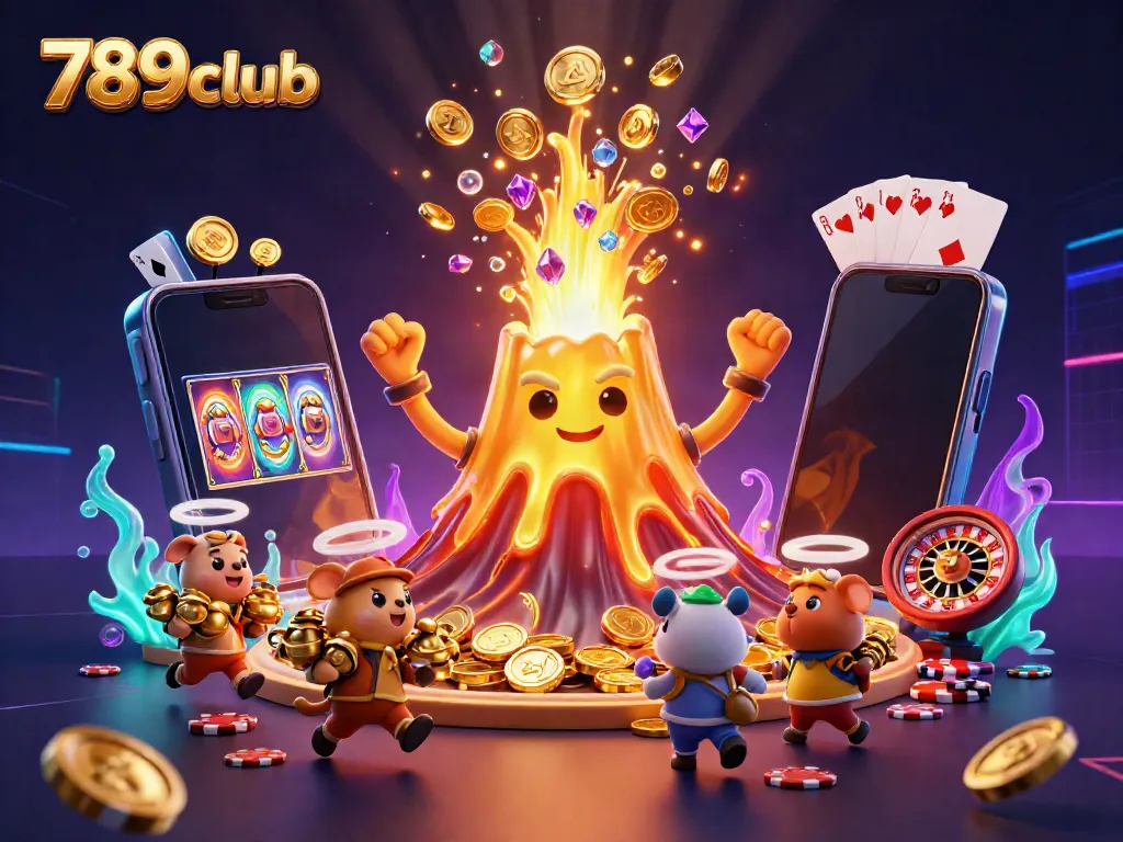 Experience the thrill of 789club with a vibrant illustration of a golden volcano erupting treasure and casino elements.
