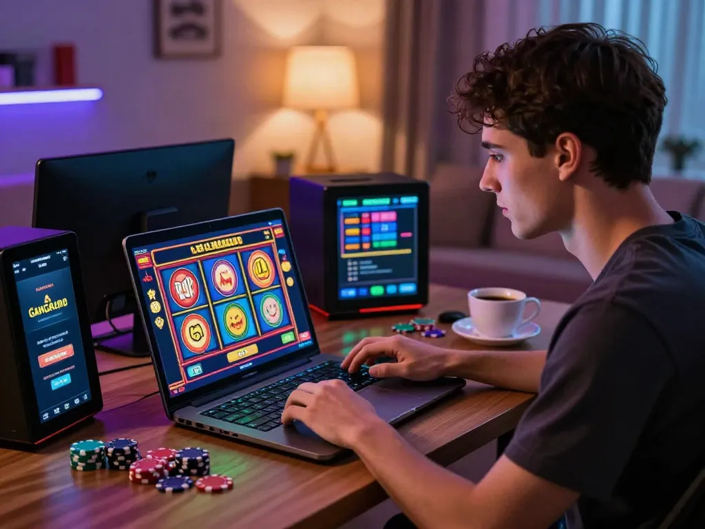 Player enjoying a virtual game at a casino not on Gamstop with engaging atmosphere and vibrant lights.