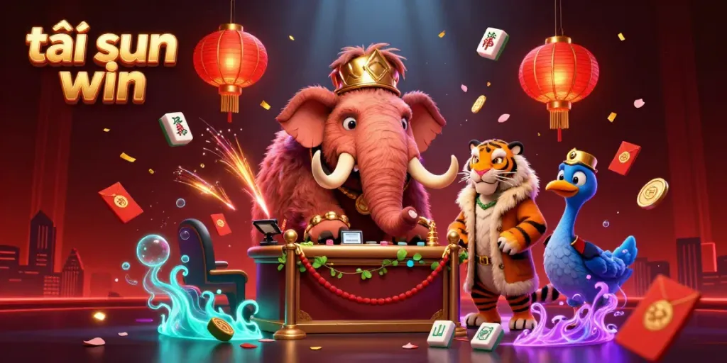 Bettors can tải sun win while enjoying a vibrant casino scene with a woolly mammoth bouncer and saber-tooth tiger in a lively atmosphere.