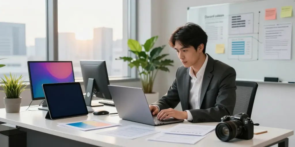 Marketer analyzing data on instant indexing tools in a modern office