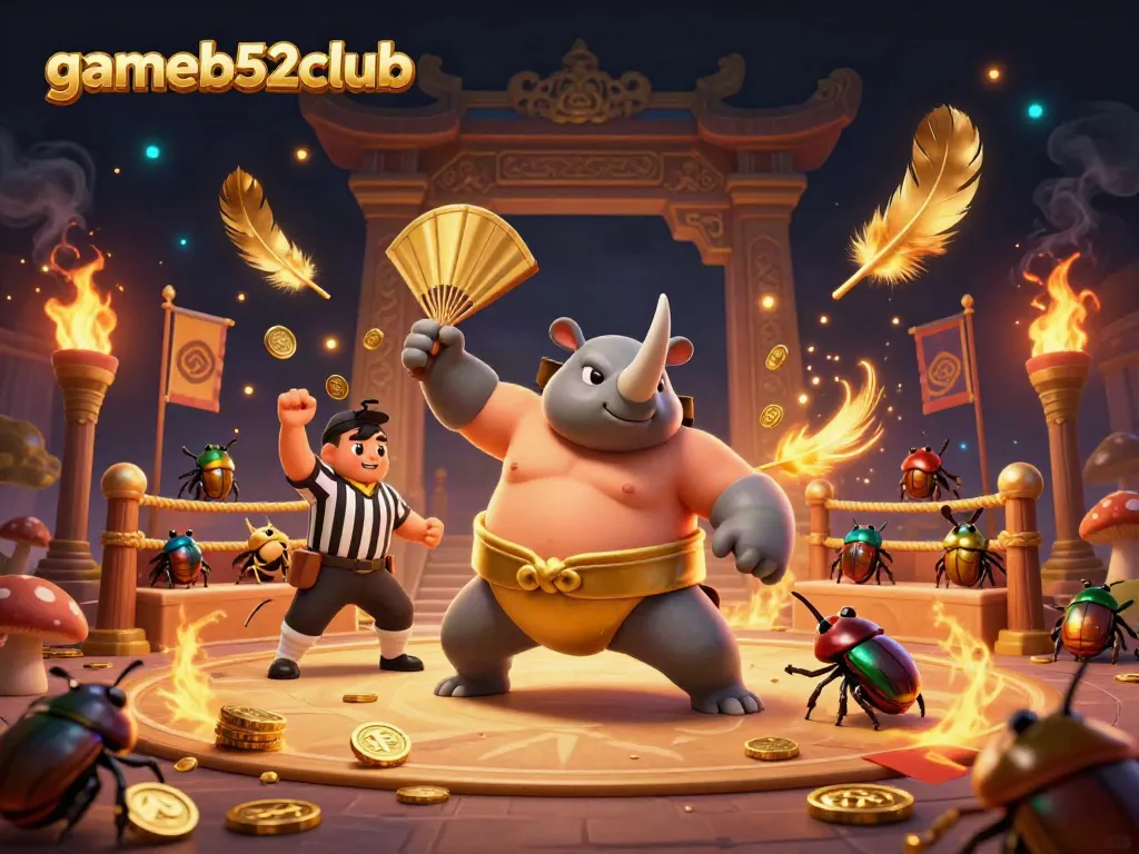 Experience thrilling gameplay at gameb52club with a dynamic beetle champion amidst flying gold coins.