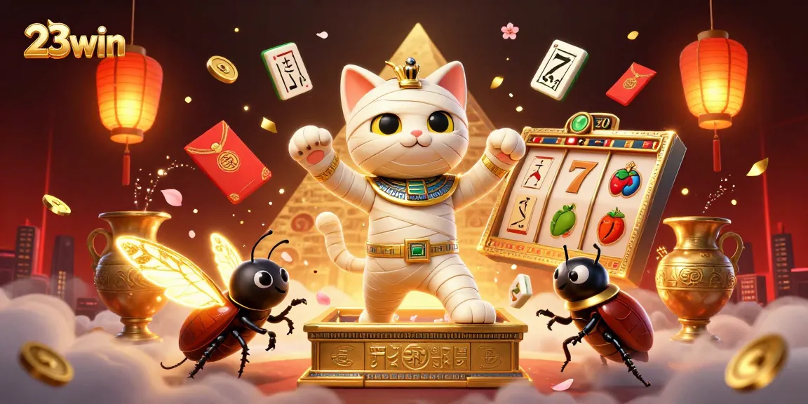 Experience the excitement of 23win in a vibrant, ultra-detailed casino scene featuring a mummy cat and a scarab.
