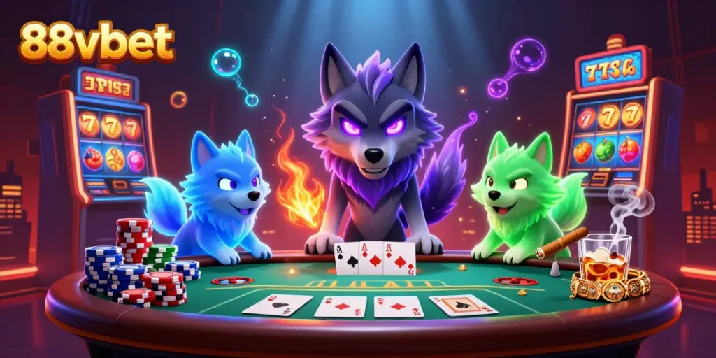 Experience thrilling gaming action with glowing wolves and casino riches at 88vbet.