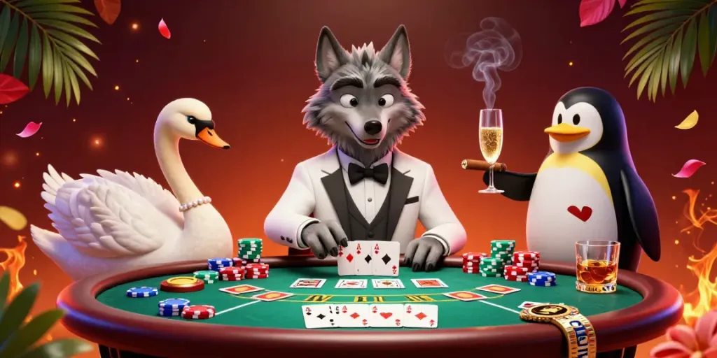 Experience high stakes at nbet with a debonair wolf and an elegant swan at a baccarat table.