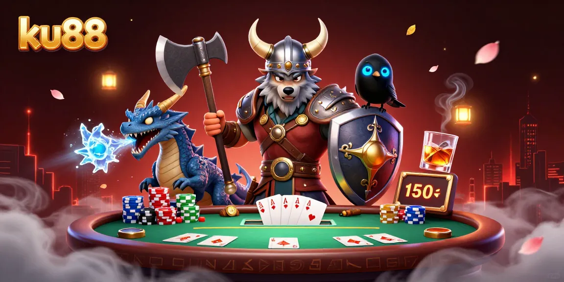 Engage in thrilling poker action with ku88 featuring a Viking warrior and ice dragon.