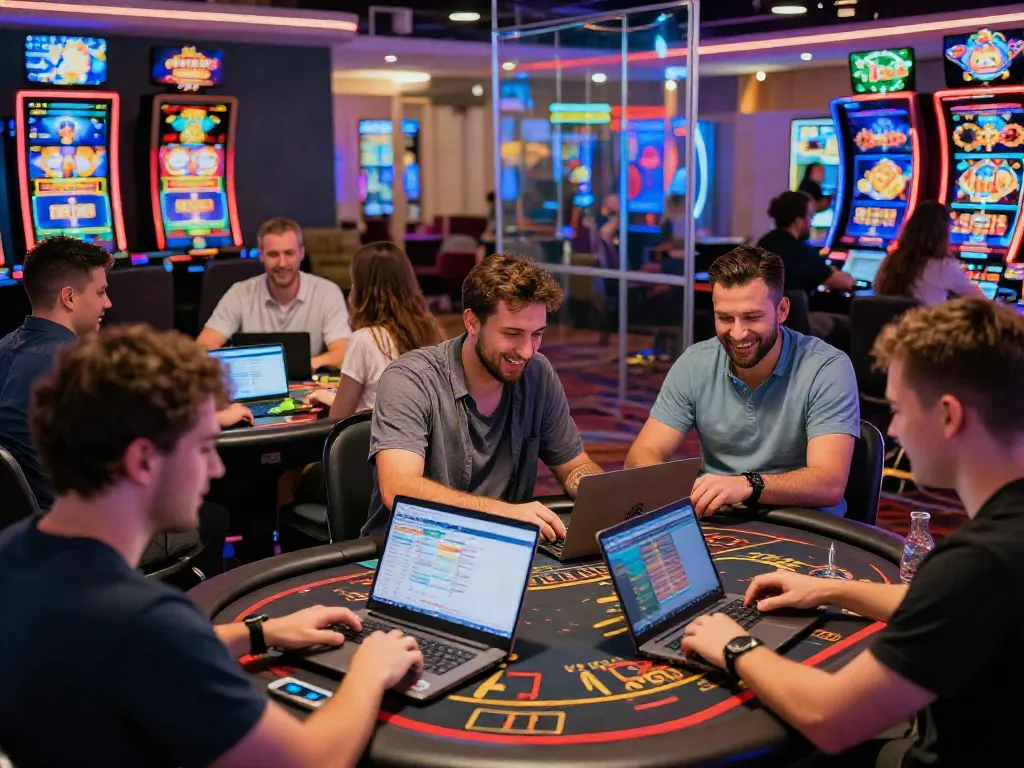 Dynamic casino scene illustrating various games and players engaged in a fun atmosphere, showcasing casinos not on GamStop.