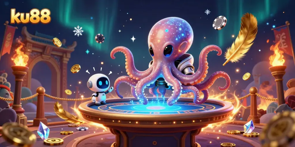 Engage with ku88's thrilling casino experience through a cartoon alien octopus managing a holographic poker game.