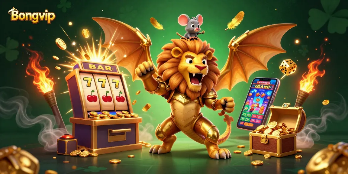 Bongvip offers exciting gameplay with a roaring chimera, golden coins, and jackpot slots in an exhilarating casino scene.