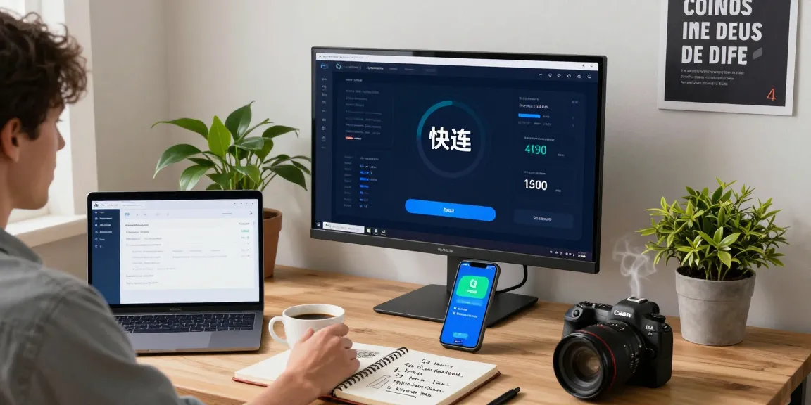 快连用户在现代家居办公室中享受高速网络连接，显示网络性能统计和设置的设备。