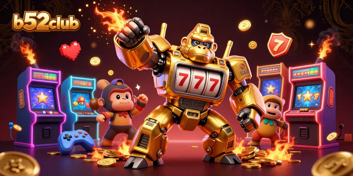 Engage with b52club’s thrilling 3D casino scene featuring a golden gorilla mech celebrating jackpot wins.